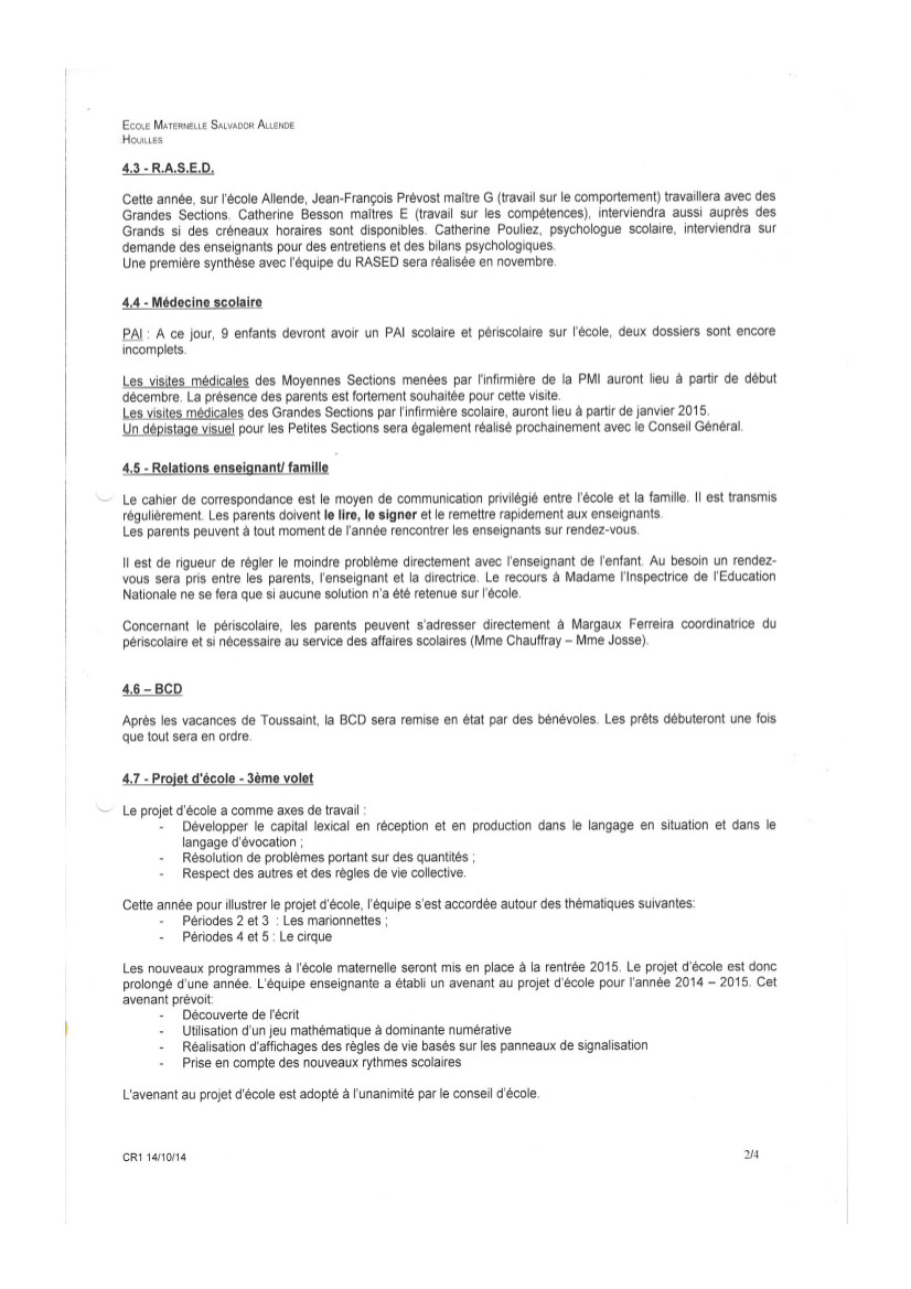 Compte rendu Conseil d'école Allende du 14 octobre 2014-2