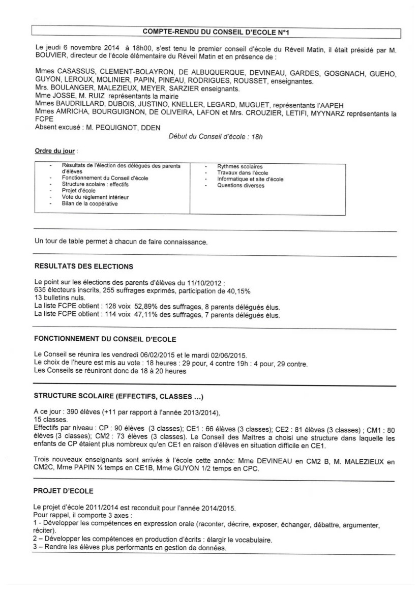 Compte rendu du conseil d'école Reveil Matin du 6 novembre 2014-1