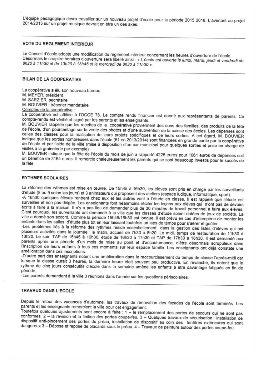 Compte rendu du conseil d'école Reveil Matin du 6 novembre 2014-2
