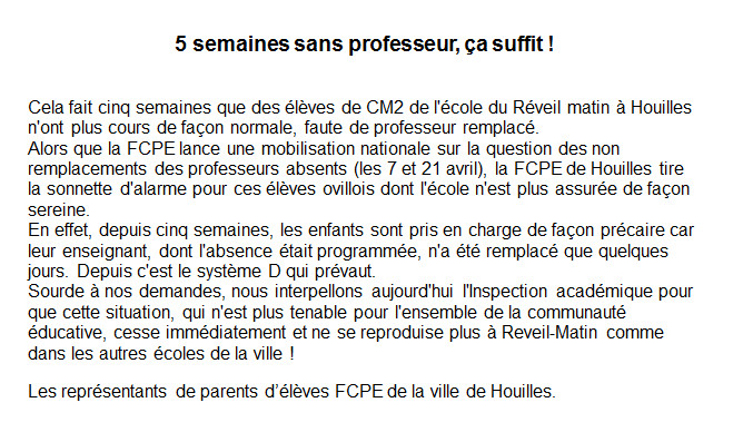 communiqué de presse absence professeurs